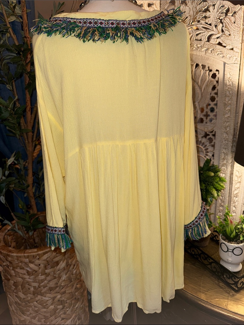Yellow Fringe-Trim Boho Tunic or mini hi/lo dress - Picture 5 of 9